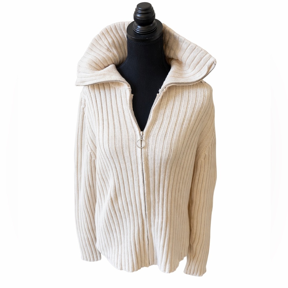 Women’s GAP Cream Ribbed Zip-Up Sweater Jacket Funnel Neck L